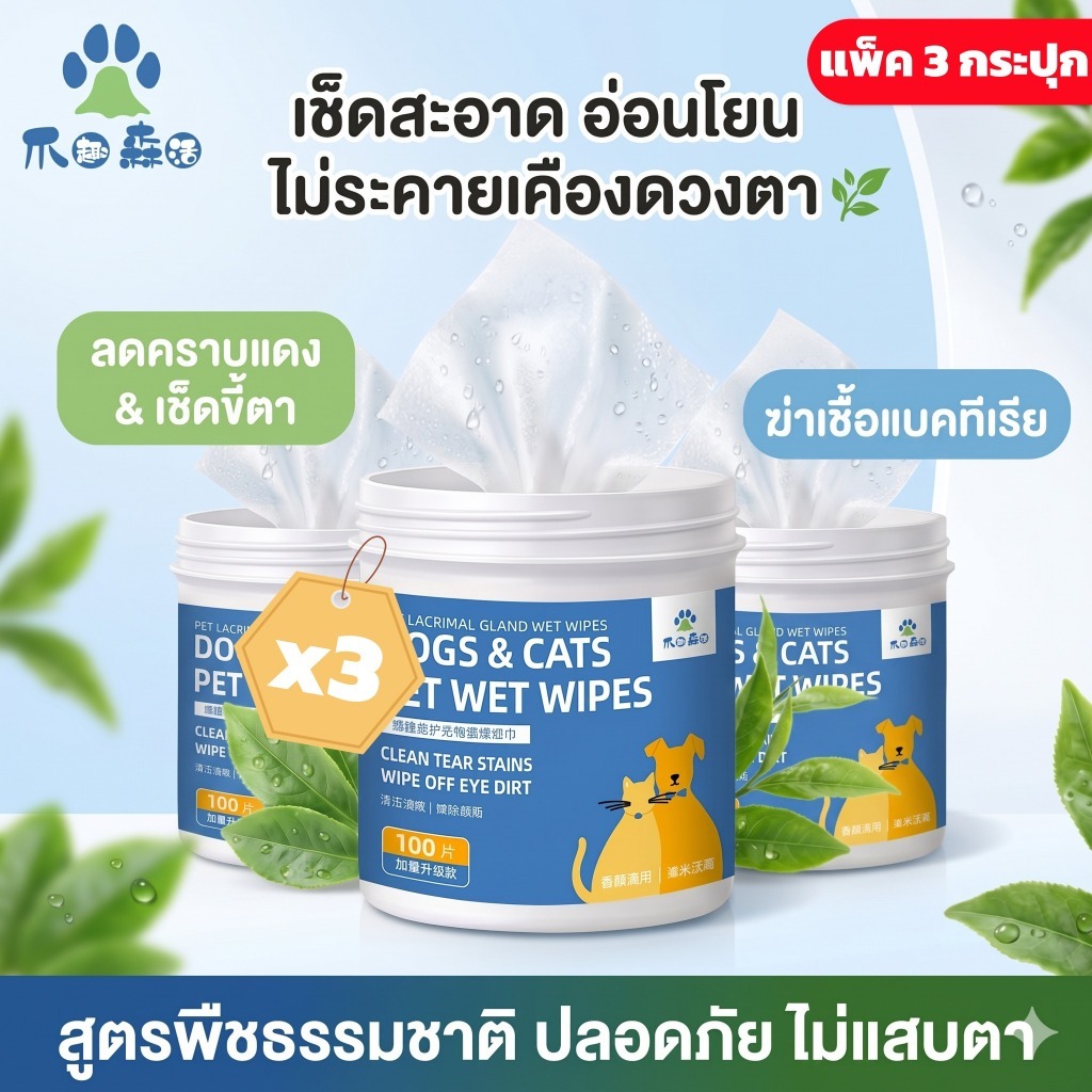 แพ็ค 3 กระปุก]100 แผ่น*3 แผ่นเช็ดตาหมาแมว ทิชชู่เปียกสัตว์เลี้ยง ลดคราบน้ําตา เช็ดขี้ตาแข็ง ลดเชื้อรา สูตรอ่อนโยน ไม่ระคายเคือง สารสกัดธรรมชาติ ปลอดภัย
