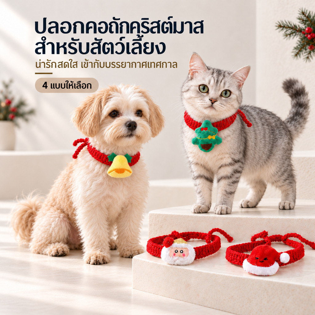 คริสต์มาสถักปลอกคอสัตว์เลี้ยง Santa Tree Bell Plush Decor สําหรับสุนัขแมว Holiday Bangkok COD