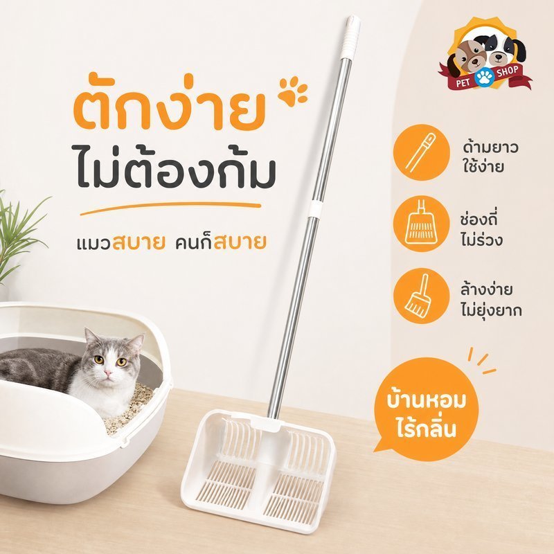 พลั่วตักทรายแมว ที่ตักทรายแมว ด้ามยาว สแตนเลส กระบะทรายแมว กรองละเอียด ทรายเต้าหู้
