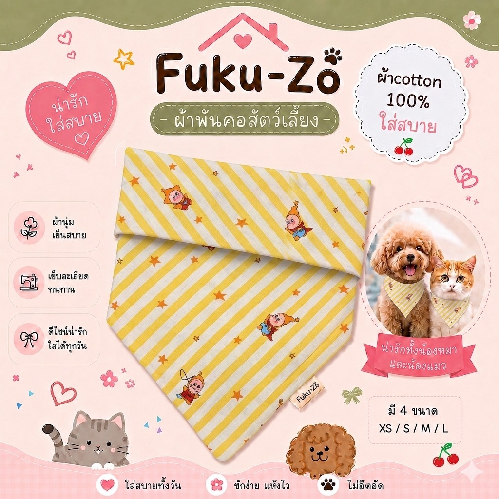 Fuku-Zo - ผ้าพันคอสัตว์เลี้ยง ผ้าพันคอหมาแมว ผ้าcotton100% | ลาย F024
