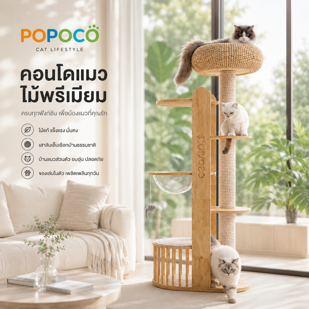 POPOCO】คอนโดแมวสําหรับแมวอ้วน สูง190ซม. ตะกร้าหวาย49ซม. บ้านแมวไม้จริง โดมใส360° แข็งแรง รองรับหลายตัว