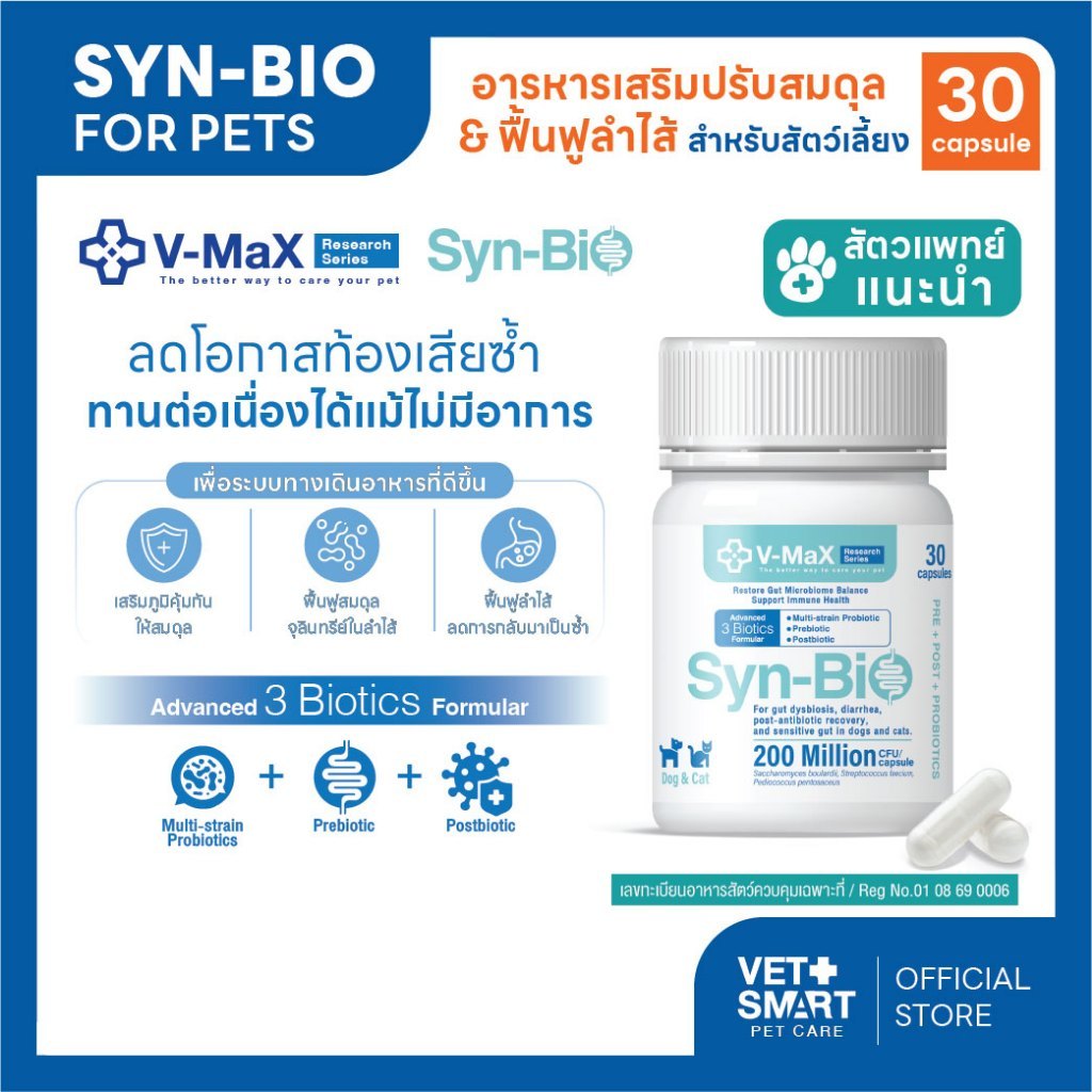 Syn Bio V-Max อาหารเสริมสุนัขแมว ปรับสมดุลลําไส้ ฟื้นฟูระบบขับถ่าย 3 Biotics ในสูตรเดียว 30 แคปซูล