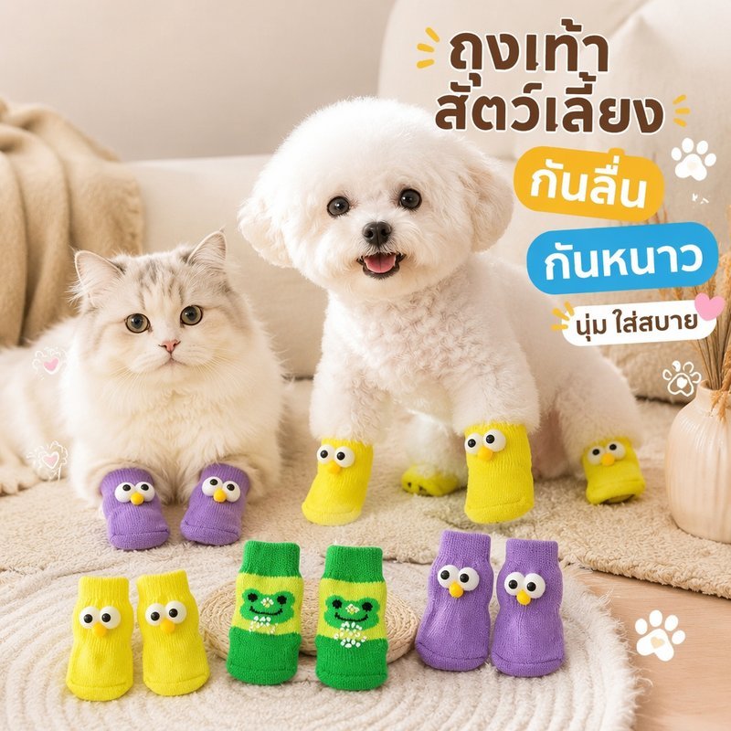 ถุงเท้าสัตว์เลี้ยง ถุงเท้าแมว ถุงเท้าสุนัข พื้นยางกันลื่น ผ้านุ่มยืดหยุ่น กันหนาว ใส่สบาย