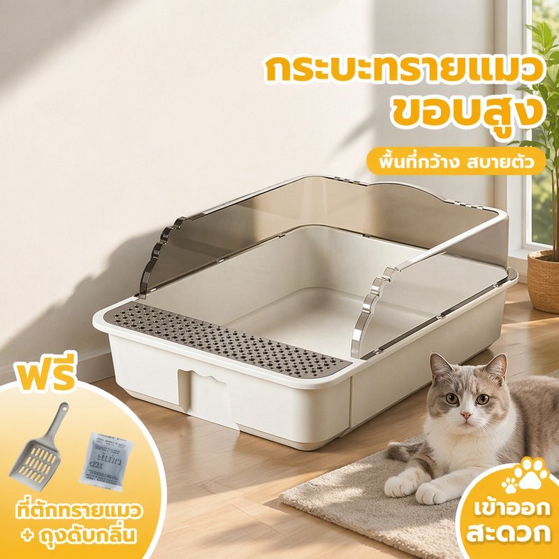 กระบะทรายแมว ห้องน้ําแมว ขอบสูง กันทรายกระเด็น ตะแกรงดักทราย พลาสติกPP ทําความสะอาดง่าย