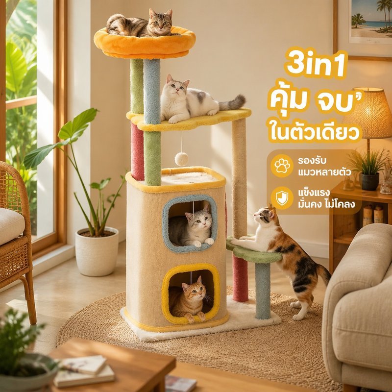 คอนโดแมว Cat Tower 3in1 ที่ลับเล็บแมว เสาปีนแมว ฐานมั่นคง เบาะนุ่ม ของเล่นแขวน สําหรับแมวโต