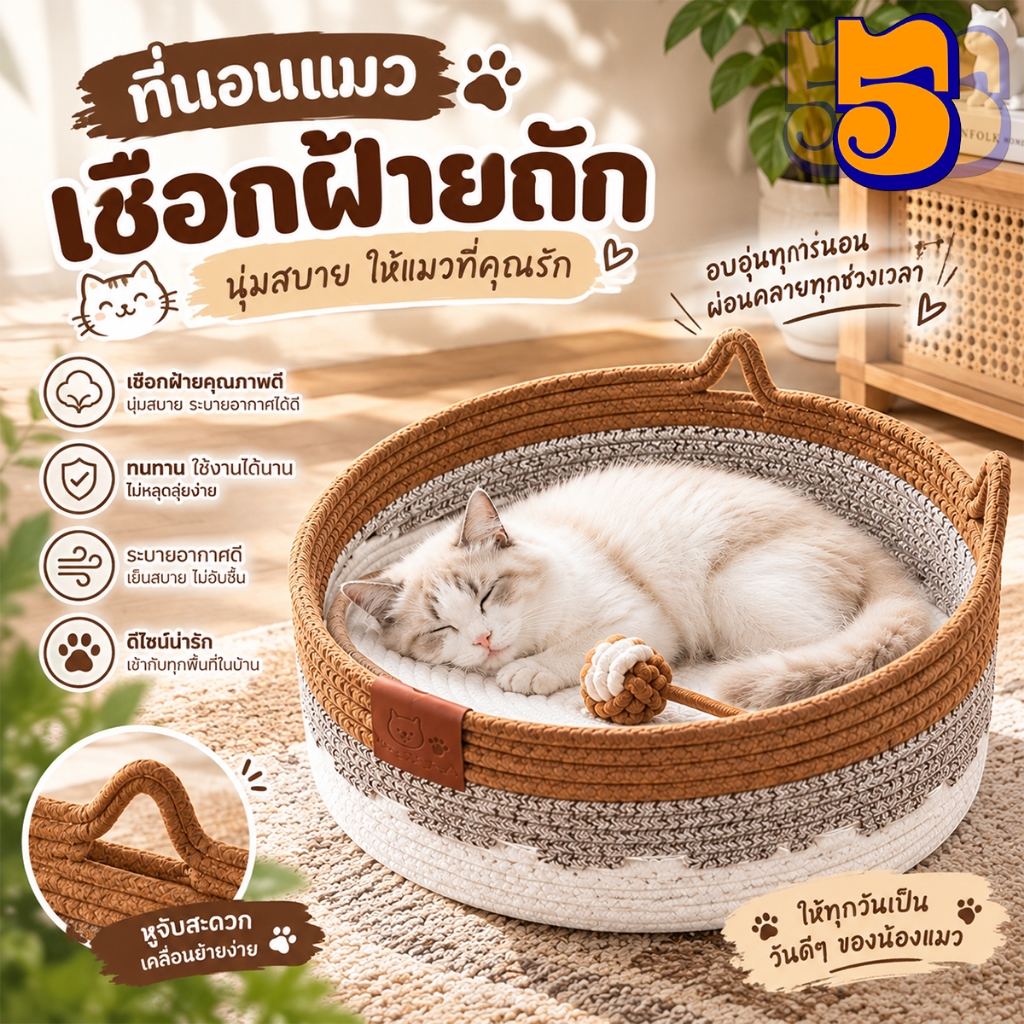 555PET รังแมว ที่นอนสัตว์เลี้ยง ตะกร้าแมวนอน ถักจากเชือกฝ้าย เนื้อนุ่ม ระบายอากาศดี แข็งแรงทนทาน สําหรับแมวและสุนัข