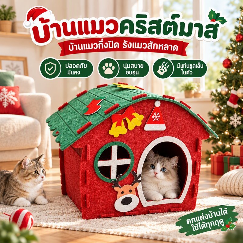 บ้านแมวฤดูคริสต์มาส บ้านแมวกึ่งปิดอบอุ่น บ้านแมวผ้าสักหลาดมีแท่นขูดเล็บ นุ่มสบาย พับได้