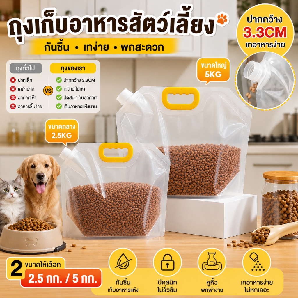 ถุงเก็บอาหารสัตว์เลี้ยง กันชื้น พร้อมหูหิ้ว ปากเทกว้าง 3.3CM ปิดสนิท ใช้ซ้ําได้ สําหรับอาหารแมวและสุนัข 2.5/5KG