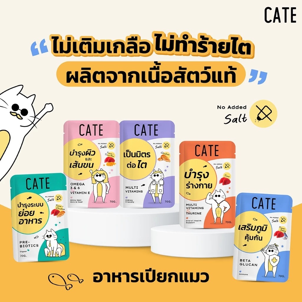 โหล 12 ซอง) CATE เคท อาหารเปียกแมว สูตรพรีไบโอติก ไม่เติมเกลือ 70 กรัม