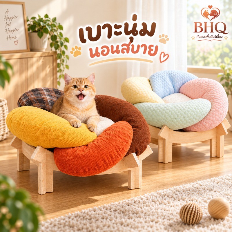 BHQ เตียงแมวยกระดับกรอบไม้เบาะดอกไม้หนานุ่มระบายอากาศฐานมั่นคงครีมโทน