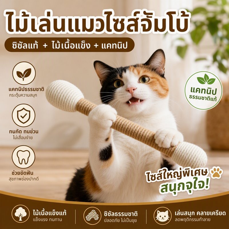ไม้ชูเล่นแมวขนาดใหญ่พิเศษ เชือกป่านศรนารายณ์ ไม้แท้ แคทนิปในตัว ทนกัดทนข่วน ลับฟัน เล่นเองแก้เบื่อ