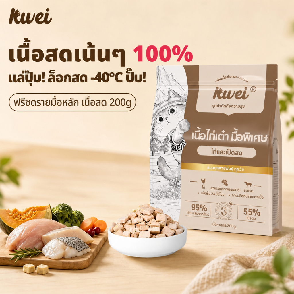 200g ขนมแมว อกไก่เต๋า freeze dried KWEI