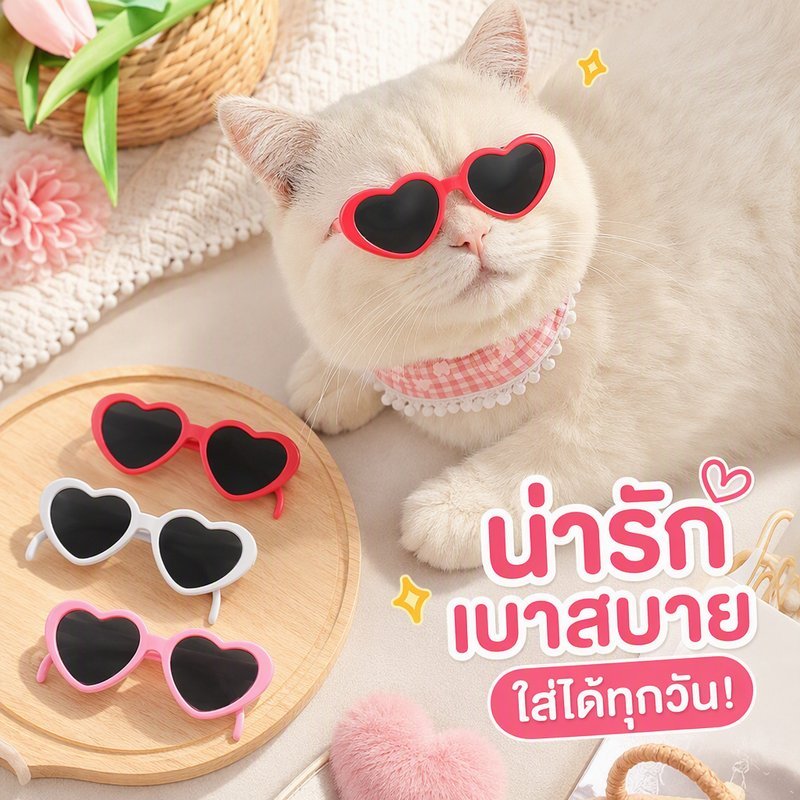แว่นตาสัตว์เลี้ยง รูปหัวใจ แว่นสุนัขแมว พลาสติก น่ารัก อุปกรณ์ถ่ายรูป สีแดง ขาว ชมพู