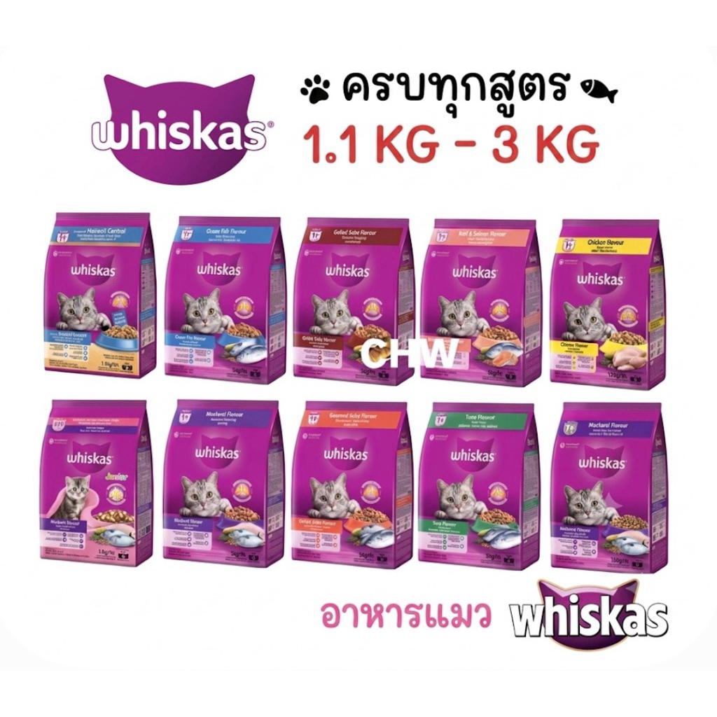 Whiskas วิสกัส (ถุง 1.1kg-3kg) อาหารแมวชนิดเม็ดครบทุกสูตรทุกช่วงวัย (มี )