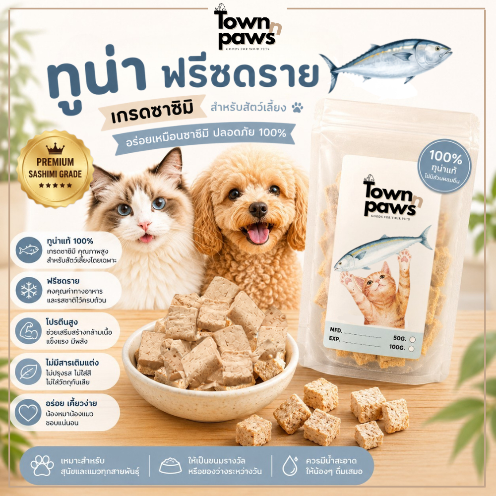 ทูน่า 100% ฟรีซดราย ขนมสุนัข อาหารแมว ปลาทูน่าแท้ โปรตีนสูง ไม่ปรุงรส