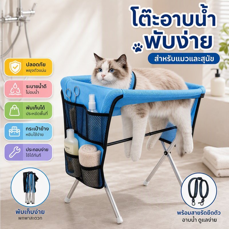 เตียงแขวนอาบน้ําสัตว์เลี้ยง โต๊ะกรูมมิ่งพับได้ สําหรับแมวสุนัข ตัดเล็บ เช็ดตัว ผ้าตาข่ายระบายน้ําเร็ว