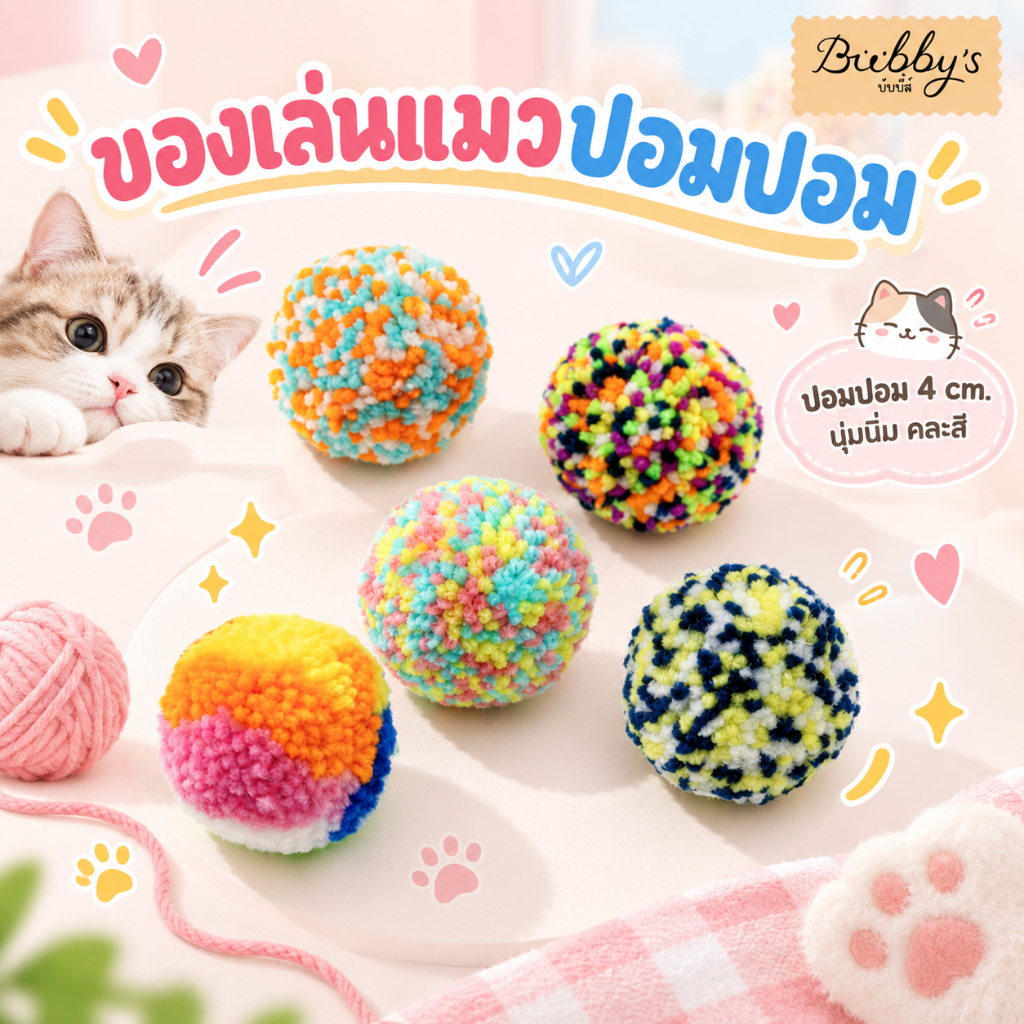 AL-1606 Bubby's ของเล่นแมว ปอมปอม 4 cm. นุ่มนิ่ม ของเล่นคลายเครียด คละสี 🐱🧶💖 บับบี้ Bubby By Anna&Louise