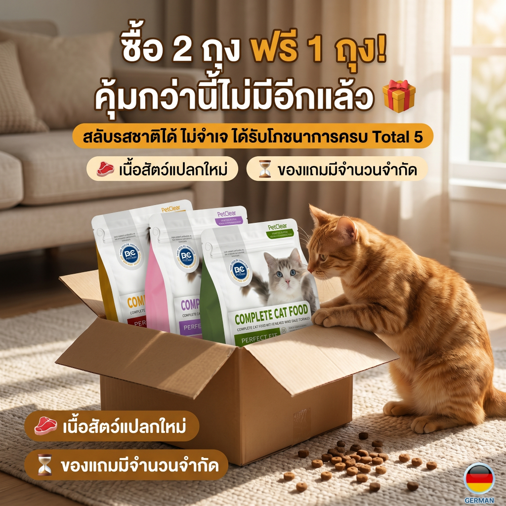 PetClear] อาหารแมวพรีเมียม เนื้อแท้ 75% โปรตีน 42% สูตรเนื้อห่านและคริลล์ออยล์ บํารุงขนสวยเงางาม