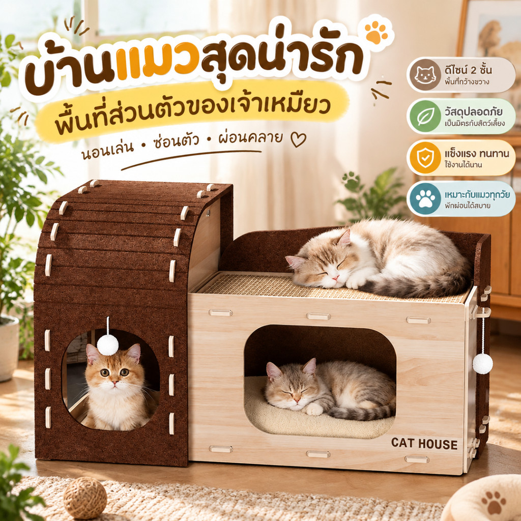 บ้านแมว คอนโดแมว อุโมงค์แมว ที่ลับเล็บ กันชื้น ทนขีดข่วน 2 ชั้น ถอดซักได้ แมวหลายตัว