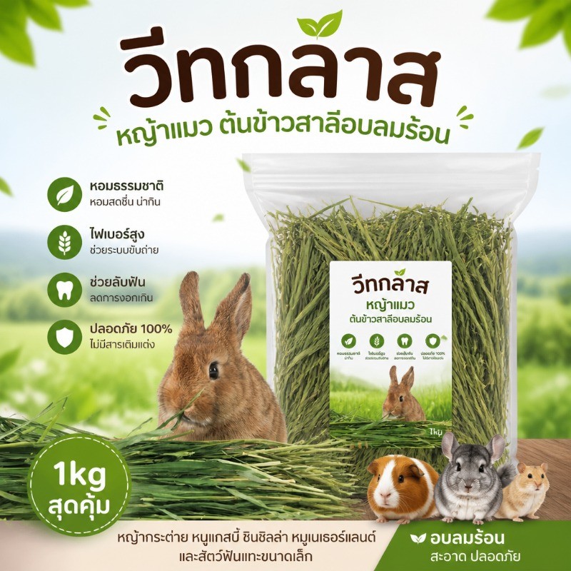 1kg วีทกลาส หญ้าแมว ต้นข้าวสาลีอบลมร้อน ต้นข้าวสาลีอบลมร้อน หญ้ากระต่าย หนูแกสบี้ ชินชิลล่า หมูเนเธอร์แลนด์