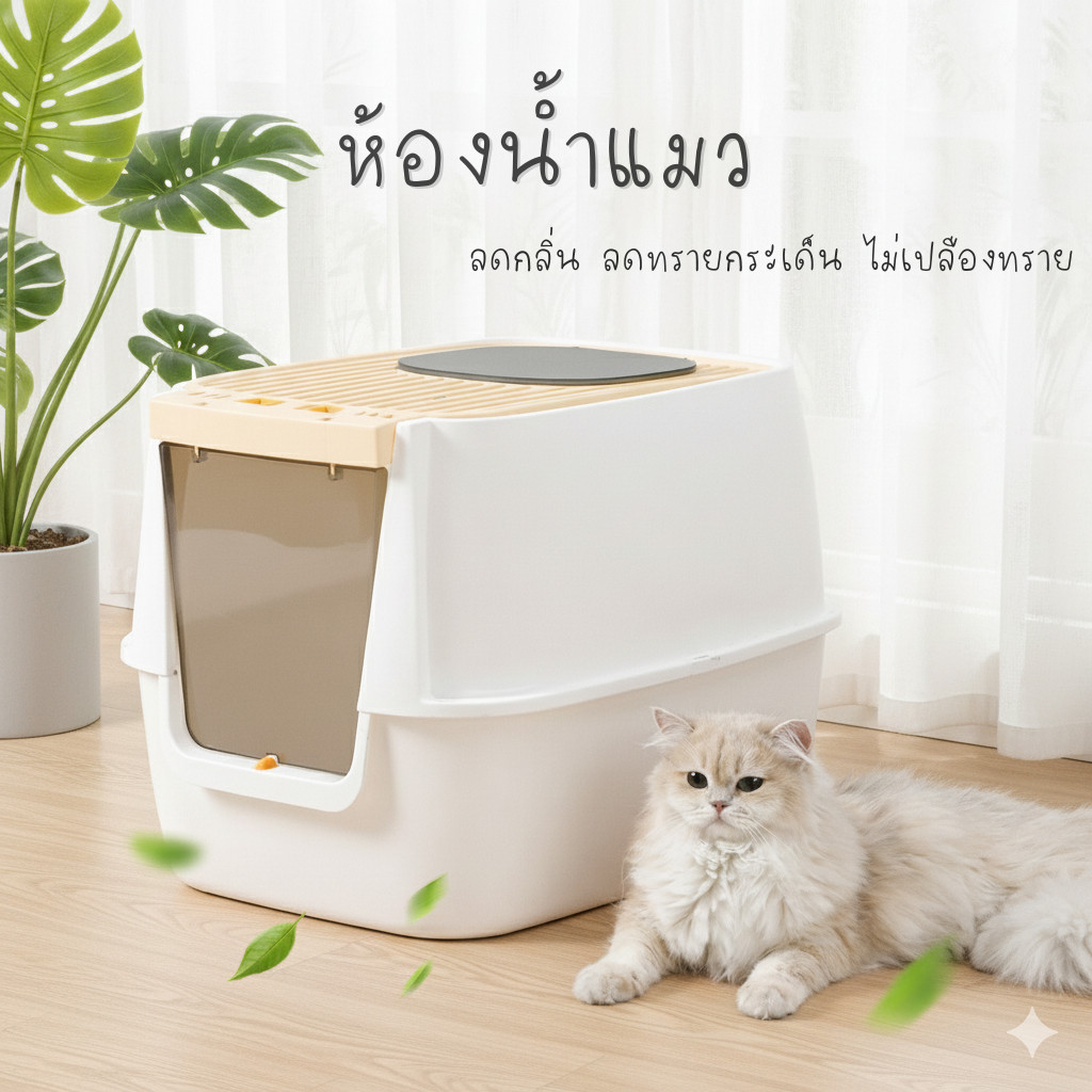 ห้องน้ําแมวแบบปิด กระบะทรายแมว ลดกลิ่น ลดทรายกระเด็น มีฝาปิด ดีไซน์มินิมอล เหมาะกับแมวทุกสายพันธุ์ CF