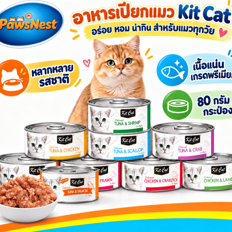 Kit Cat อาหารเปียกแมว คิทแคท 80g อาหารแมวกระป๋อง เนื้อแน่น หลากหลายรสชาติ ทูน่า แซลมอน ไก่ กุ้ง ปู สําหรับแมวทุกวัย