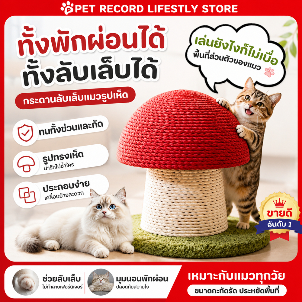 PET Record】เสาลับเล็บแมว รูปร่างเห็ด ที่ลับเล็บแมว คอนโดแมว ของเล่นแมว ทนทาน ไม่หล่นเศษ