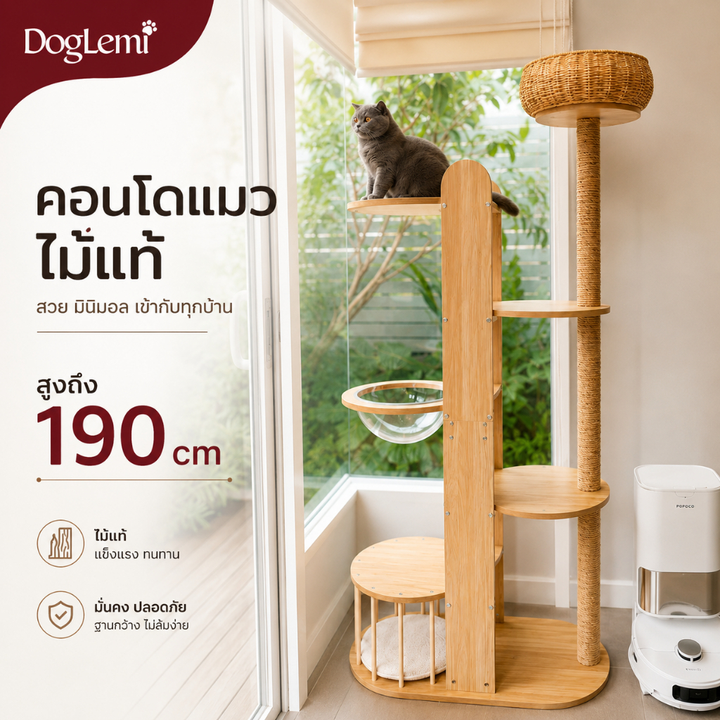 DogLemi】คอนโดแมวใหญ่ 190CM บ้านแมวสูง แมวหลายตัวใช้ได้ แมวอ้วนใช้งานได้ ไม้จริง โดมใส 360° ที่ลับเล็บ Cat Condo Luxury
