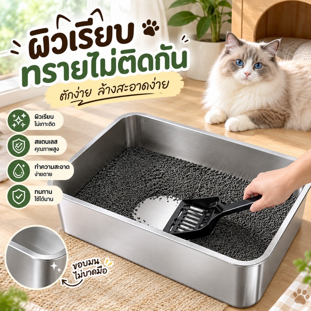 กระบะทรายแมว สแตนเลส ขอบสูง กันทรายติด กันกลิ่น ทําความสะอาดง่าย ล้างง่าย ไม่เป็นสนิม แข็งแรง ถาดแมว ห้องน้ําแมว