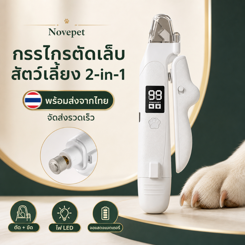 Novepet] ที่ตัดเล็บสัตว์เลี้ยง 2-in-1 Pet Nail Clipper & Grinder ไฟ LED ชาร์จ Type-C สําหรับสุนัขและแมว