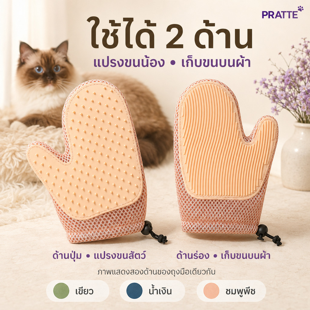 ถุงมือแปรงขนแมวสุนัข 2 in 1 ปุ่ม TPR นุ่ม เก็บขนหลุดร่วงและขนบนโซฟา 3 สี