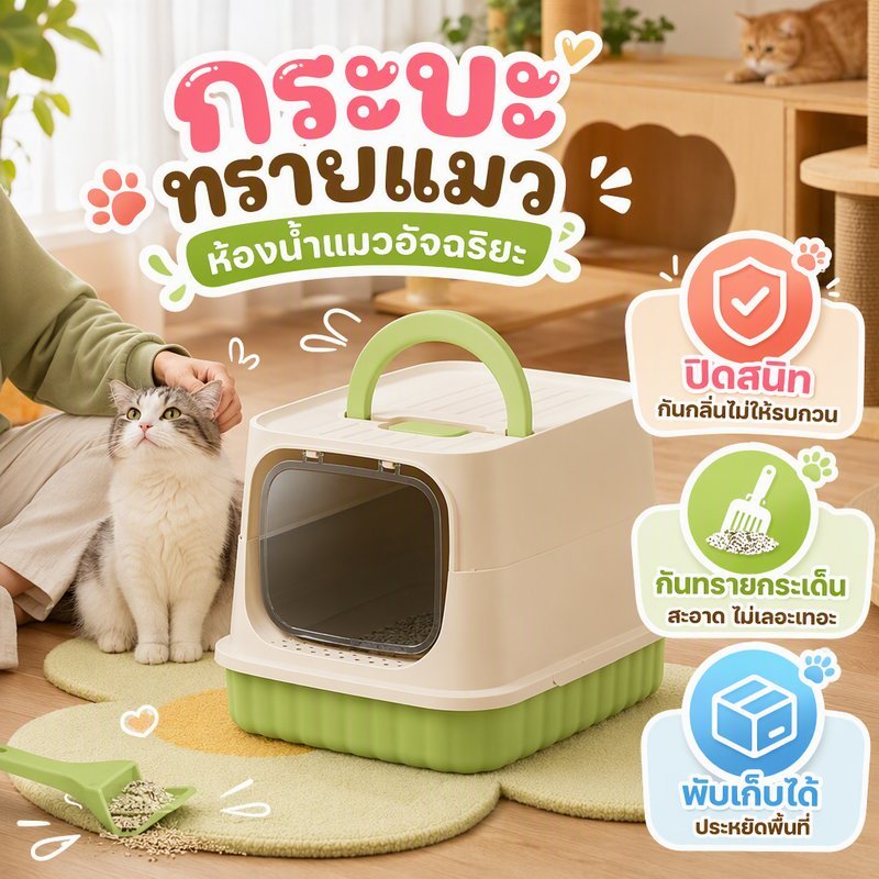 กระบะทรายแมว ห้องน้ําแมว ปิดกึ่งปิด กันกลิ่น กันทรายกระเด็น พับเก็บได้ ถาดใหญ่ ที่ตักแขวน
