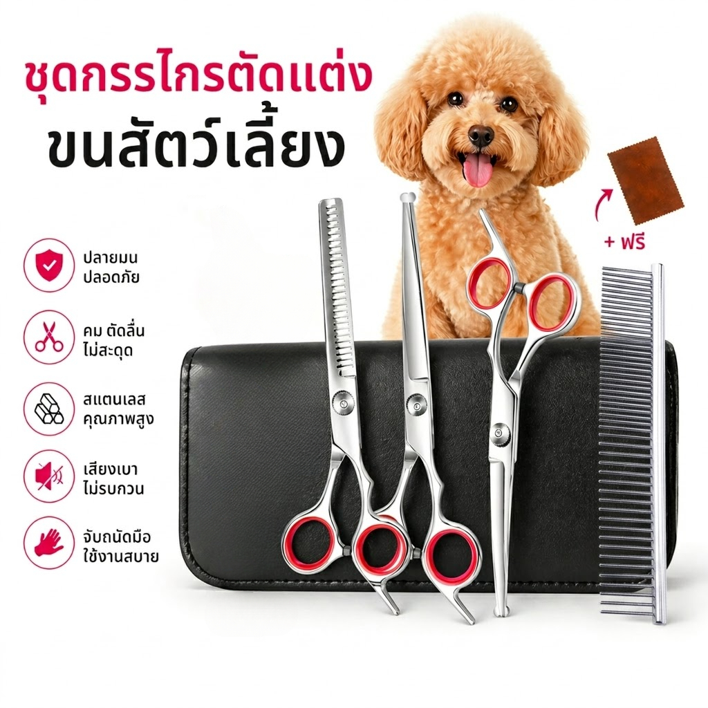 ชุดตัดขนสัตว์เลี้ยง 6 ชิ้น พร้อมหวี กรรไกรตรง โค้ง ซอย ใช้ได้กับสุนัขและแมว