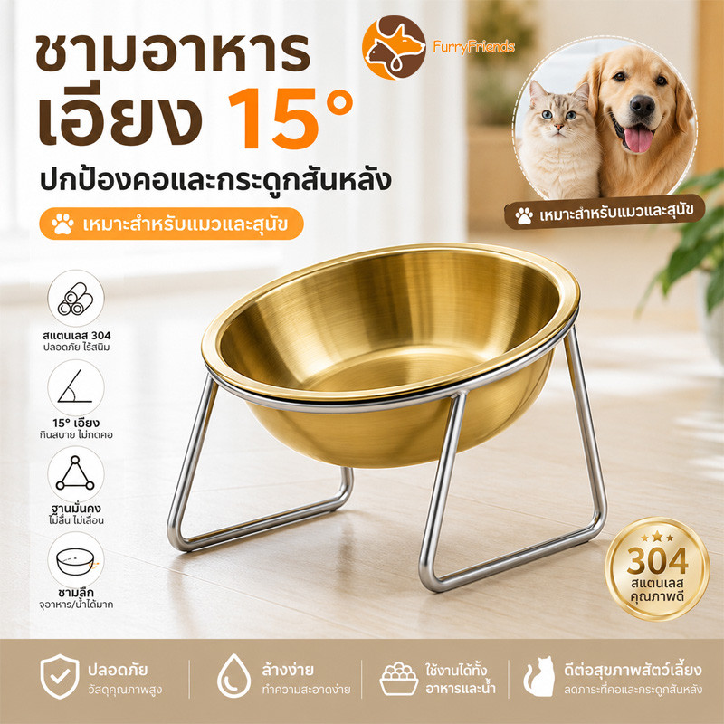 ชามแมวสแตนเลส ชามอาหารสุนัขยกสูง ชามอาหารแมว สแตนเลส การสนับสนุนที่มั่นคง ทําความสะอาดง่าย