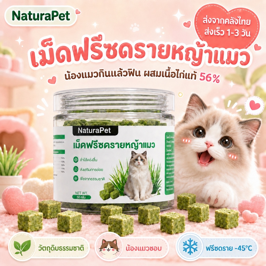 NaturaPet ฟรีซดรายหญ้าแมว อกไก่ผสมต้นอ่อนข้าวสาลี ช่วยขับก้อนขน ดูแลระบบทางเดินอาหาร 50 กรัม