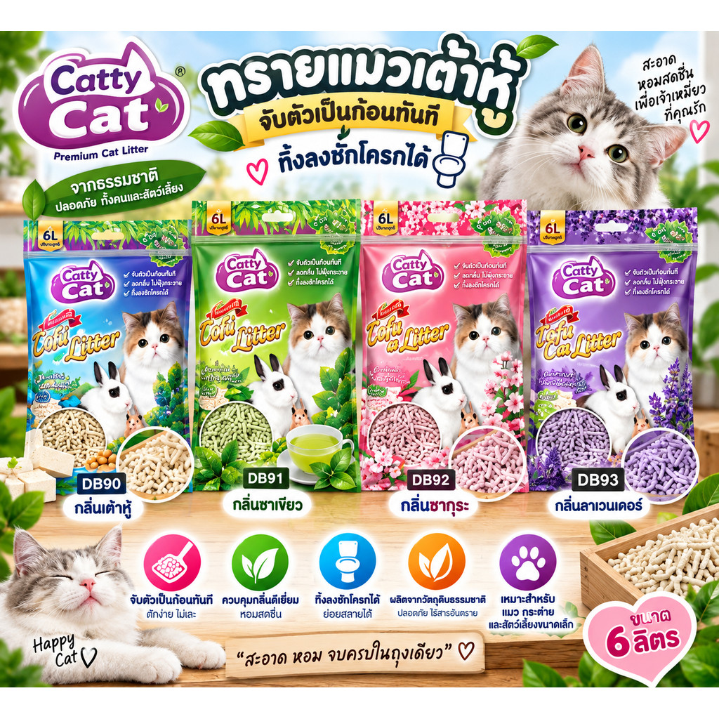 Cattycat ทรายแมวเต้าหู้ 6 ลิตร จับตัวเป็นก้อนทันที ทิ้งลงชักโครกได้ มีกลิ่นลาเวนเดอร์ ชาเขียว และธรรมชาติ