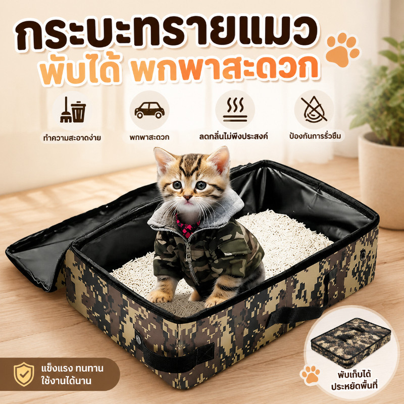 กระบะทรายแมวแบบพกพา ห้องน้ําแมวพับได้ ผ้าอ็อกซ์ฟอร์ดกันน้ํา กันรั่ว มีซิป หูหิ้ว