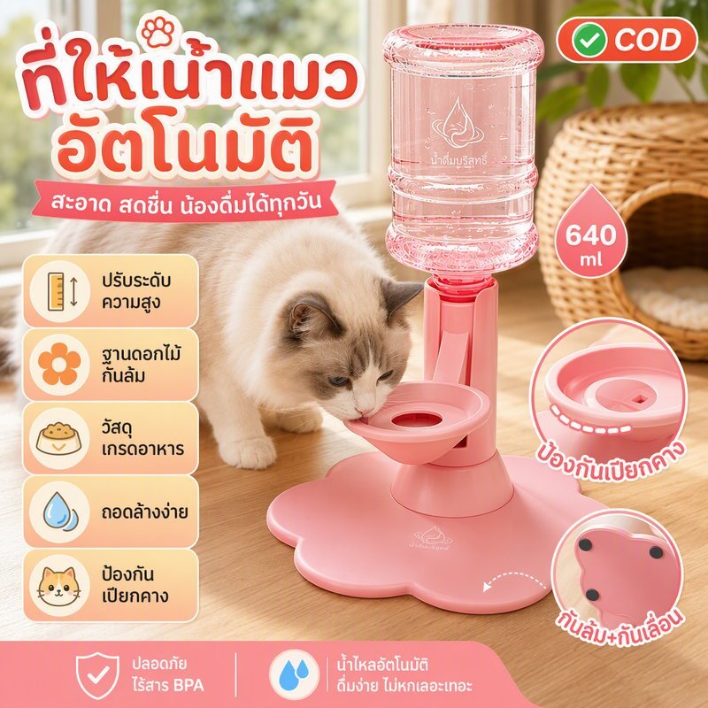 COD ที่ให้น้ําแมวอัตโนมัติ ปรับระดับความสูง ขวดน้ํา 640ml ฐานรูปดอกไม้กันล้ม วัสดุเกรดอาหาร ถอดล้างง่าย ป้องกันเปียกคาง