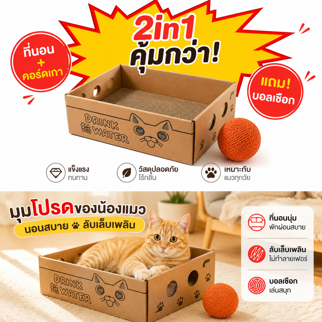 กล่องลับเล็บแมว 3-in-1 เป็นที่นอน+ที่ลับเล็บ+ของเล่น วัสดุแข็งแรง ทนทาน ปกป้องโซฟาจากการข่วน