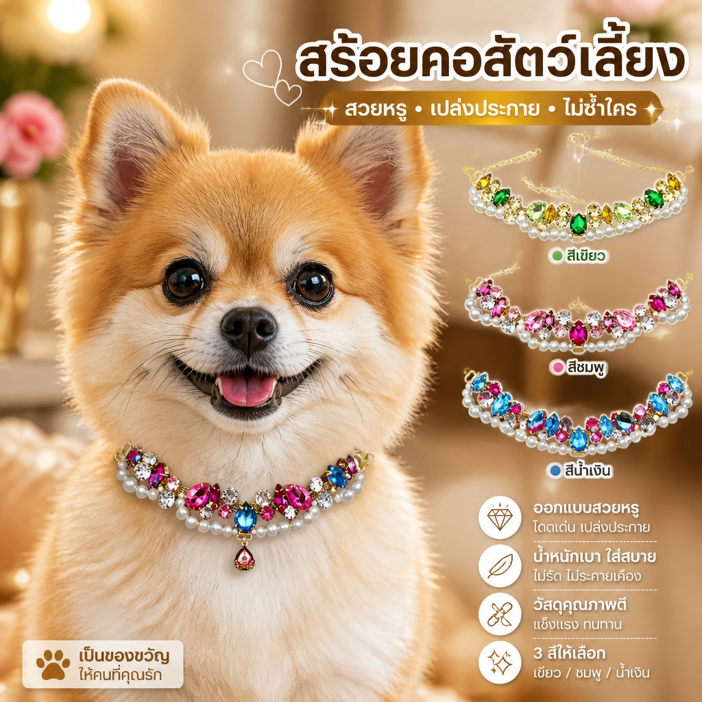 สร้อยคอแมวสุดเก๋ สร้อยคอสุนัข Adjustable ยืดหยุ่นได้ ไม่บีบคอ ถ่ายรูปสวยมาก พลอยเพชรระยับ ใส่แมวแล้วปังสุดๆ