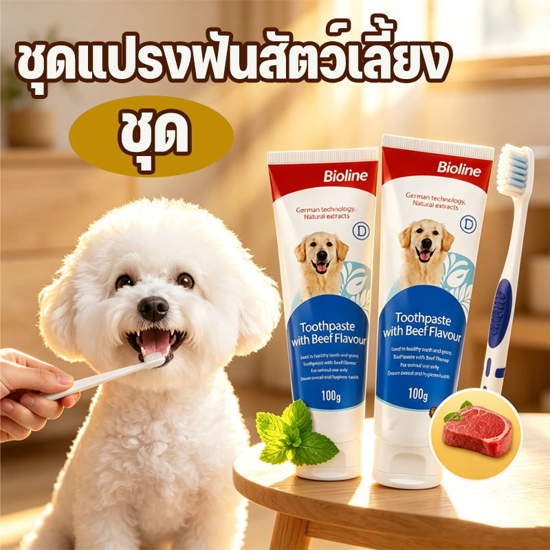 แปรงสีฟัน+ยาสีฟัน ชุดแปรงฟันสัตว์เลี้ยง ยาสีฟันสุนัข แปรงฟันแมว อ่อนโยน การดูแลที่ครอบคลุม ลมหายใจสดชื่น