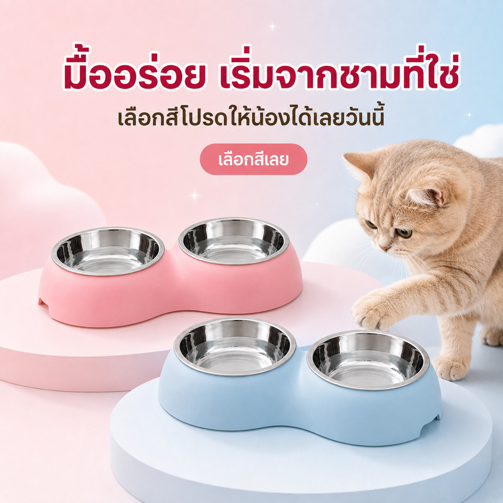 ชามอาหารสัตว์เลี้ยง 2 ช่อง ชามสแตนเลสถอดได้ สําหรับแมวและสุนัข ใส่อาหารและน้ํา