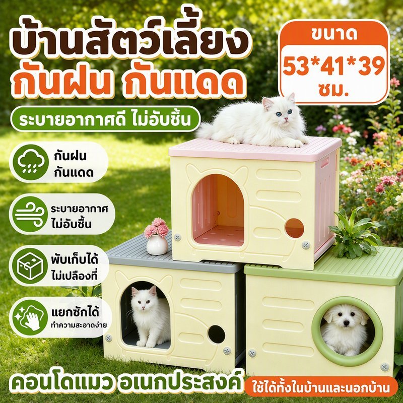 บ้านสัตว์เลี้ยง กลางแจ้งกันฝน 53*41*39cm บ้านแมวพับได้ กล่องเก็บของ คอนโดแมว ระบายอากาศได้ แยกซักได้