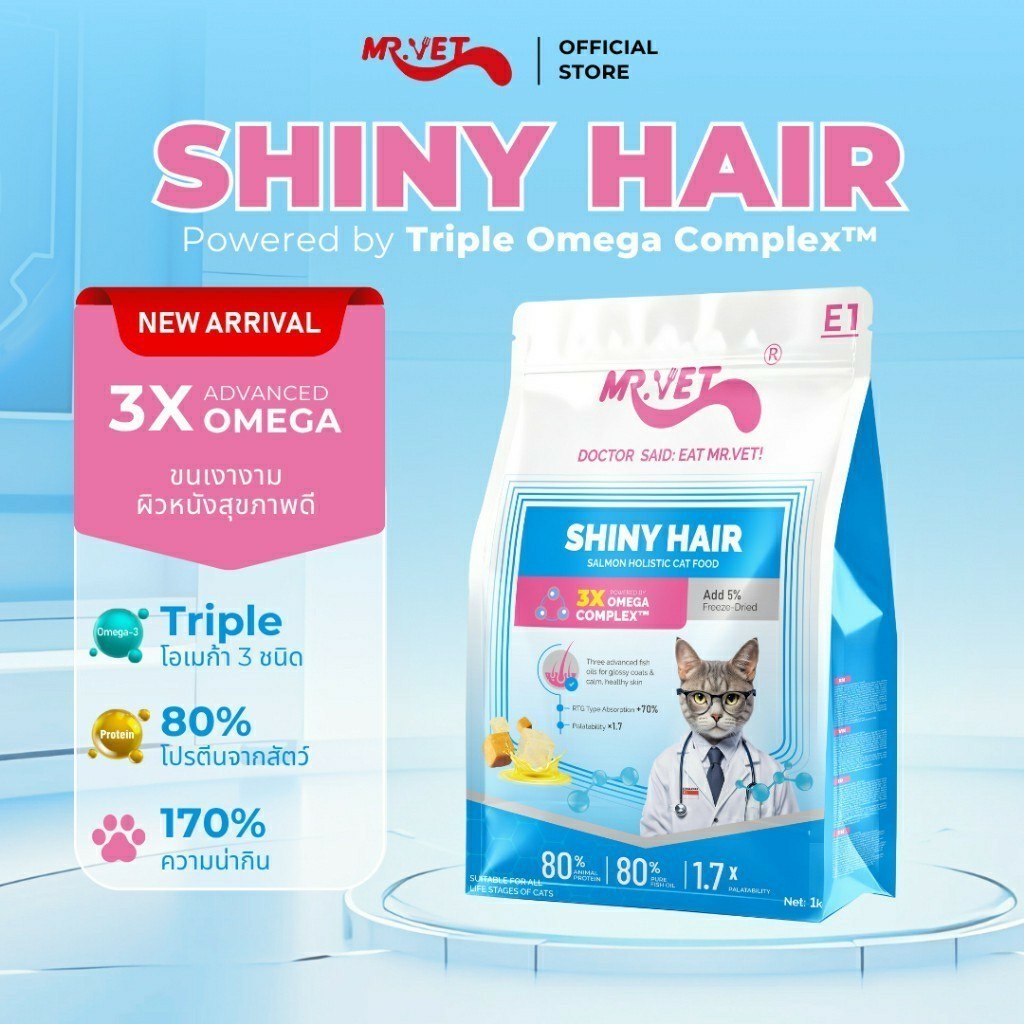 MR.VET E1 อาหารแมวพรีเมียม 1กก. – Triple Omega ComplexTM เพื่อขนเงางาม สุขภาพผิวดี ด้วยปลาแซลมอนและไก่ โปรตีนสูง 30%