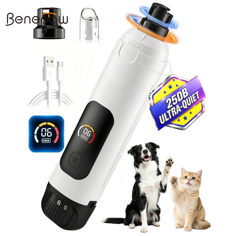Benepaw สัตว์เลี้ยงเครื่องบดเล็บ 25dB เงียบ 6 ความเร็ว Dual LED จอแสดงผล LCD ประเภท C ชาร์จสําหรับสุนัขแมว Sensitive Paws