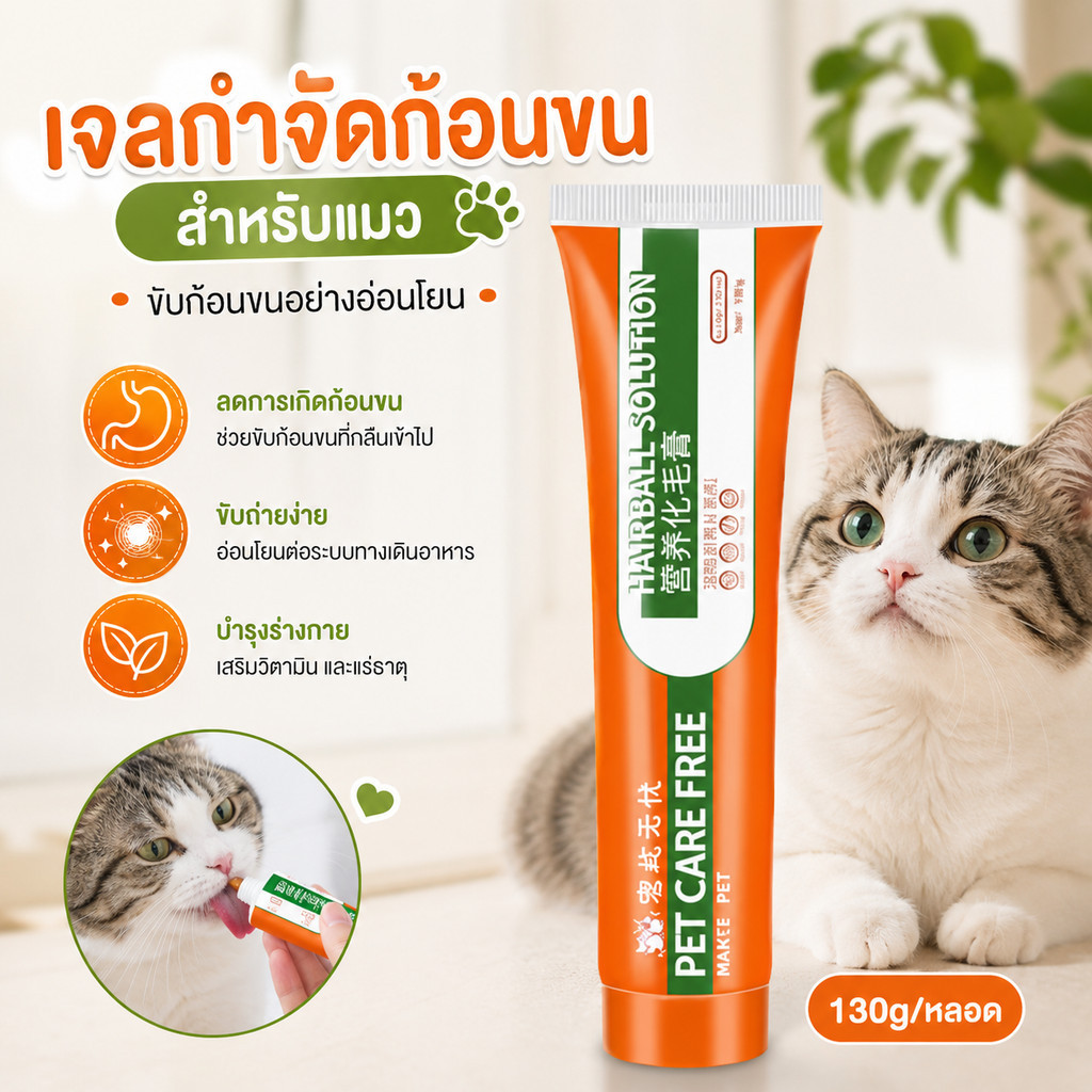 เจลระบายก้อนขนแมว 130g อาหารเสริมแมว ช่วยระบบขับถ่าย บํารุงลําไส้ เจลขับก้อนขน