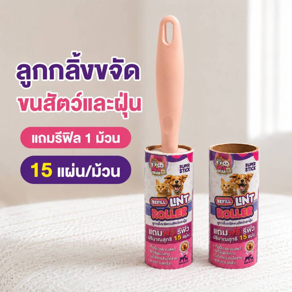 ลูกกลิ้งขจัดขนสัตว์ ลูกกลิ้งเก็บขนแมว ขนสุนัข เก็บฝุ่น ทําความสะอาดเสื้อผ้า โซฟา พรม แถมรีฟีล 1 ม้วน