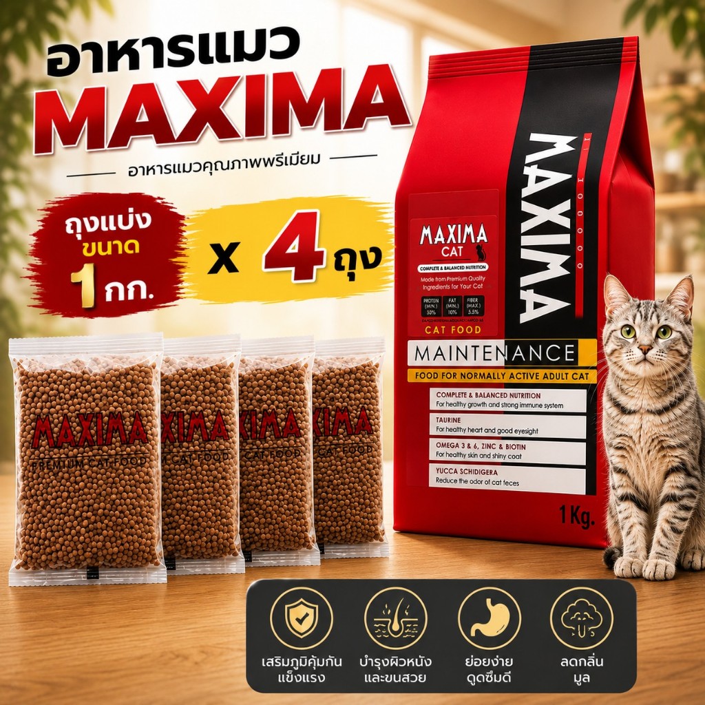 ถุงแบ่ง) อาหารแมว Maxima 4 กก. สูตรบํารุงขนและผิวหนัง