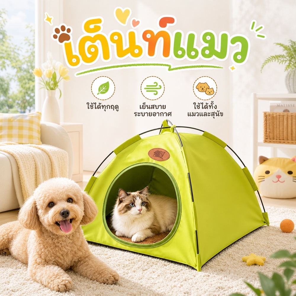 บ้านเต็นท์สัตว์เลี้ยง ที่นอนแมวฤดูร้อน เย็นสบาย ครึ่งปิดมิดชิด เหมาะแมวและสุนัขขนาดเล็ก
