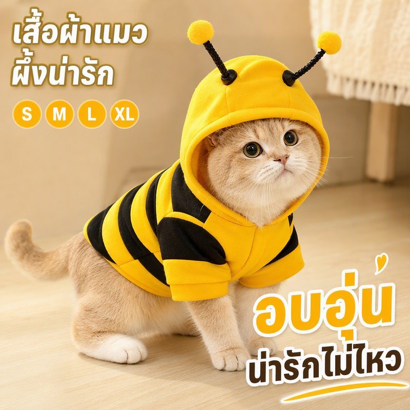 เสื้อกันหนาวสัตว์เลี้ยง ลายผึ้ง ฮู้ด ผ้าขนสัตว์นุ่ม เสื้อแมว เสื้อสุนัข ใส่อุ่น S M L XL